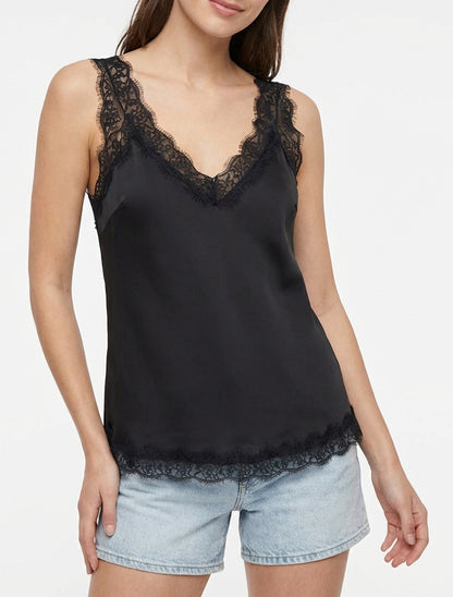 Camiseta de tirantes con bordes de encaje - Negro