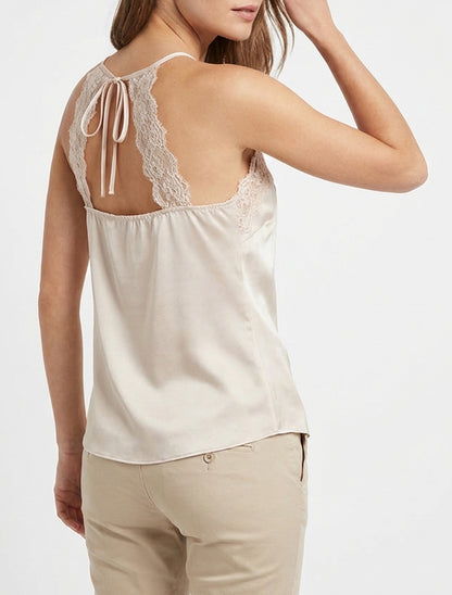 Camisola satinada con encaje y lazos - Beige claro