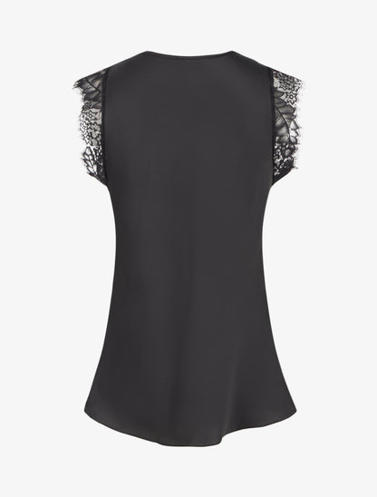 Top satiné à col V en dentelle - Noir - 2