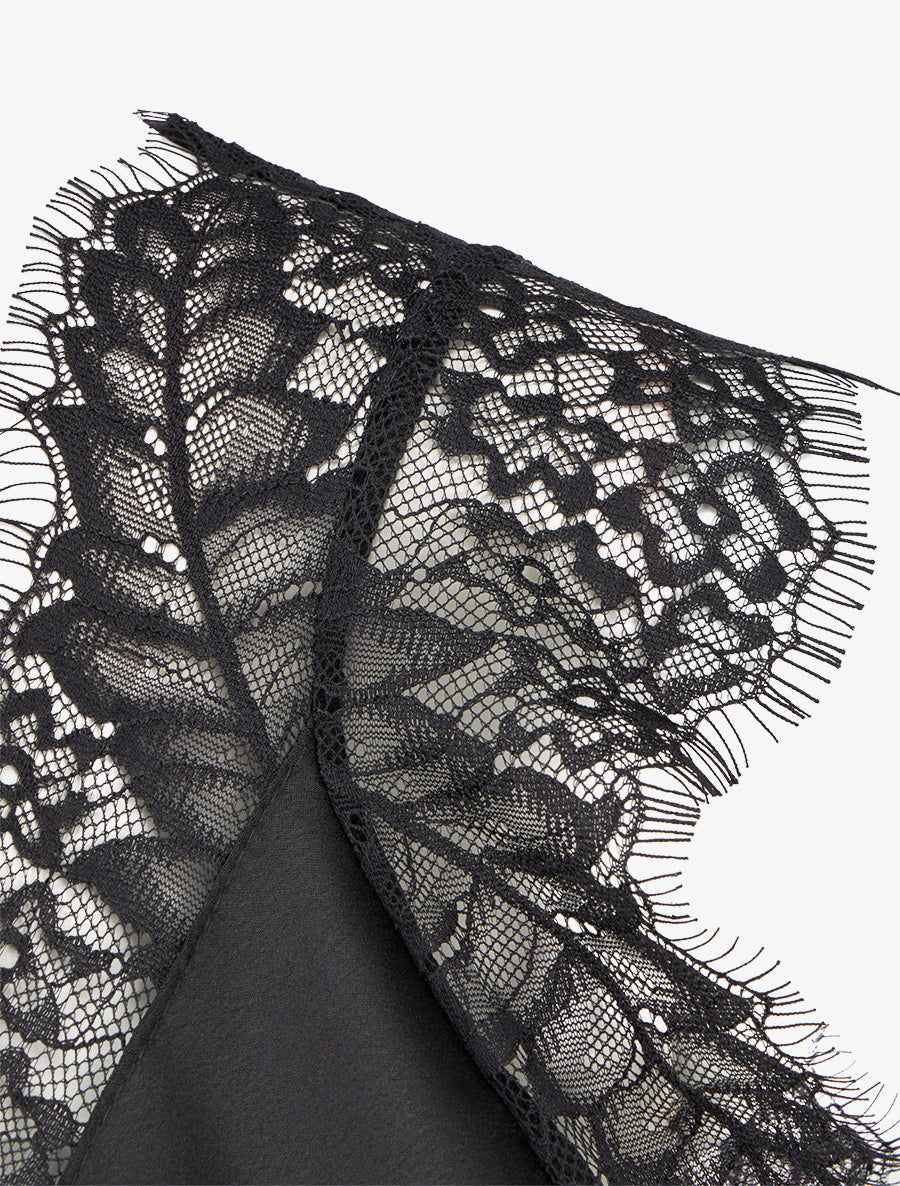 Top satiné à col V en dentelle - Noir - 3