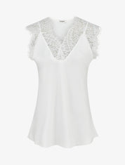 Top satiné à col V en dentelle - Blanc - 1