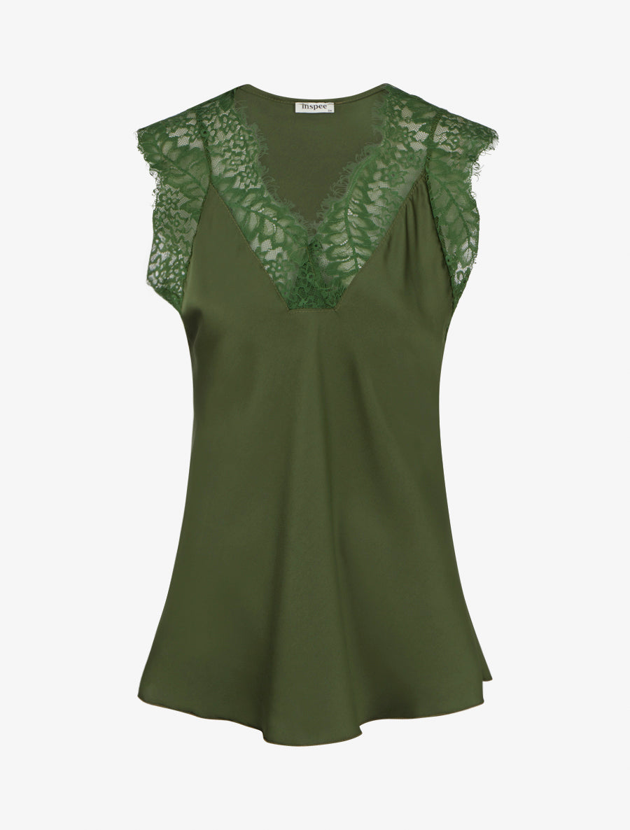 Top satiné à col V en dentelle - Kaki - 1