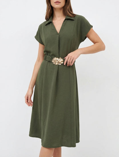 Vestido fluido liso con cinturón - Caqui