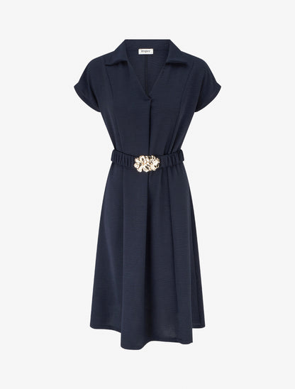 Robe fluide unie ceinturée - Marine - 1