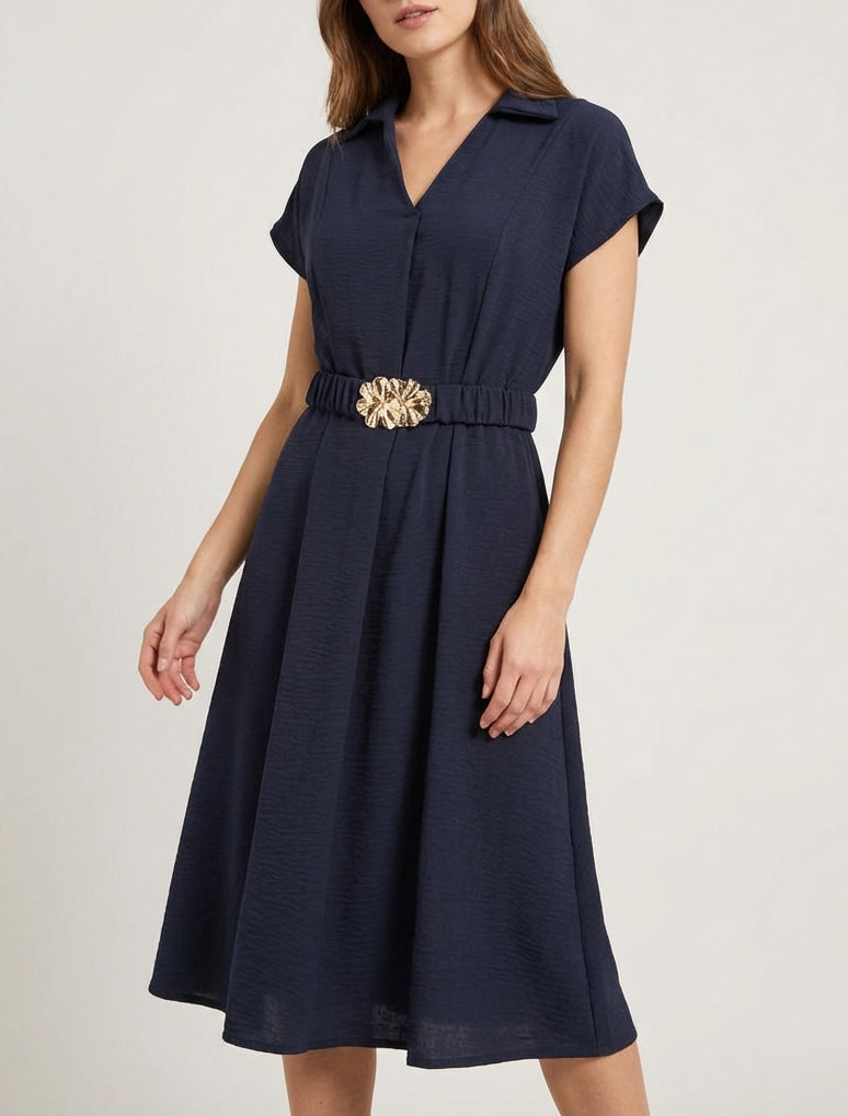 Vestido fluido liso con cinturón - Marine