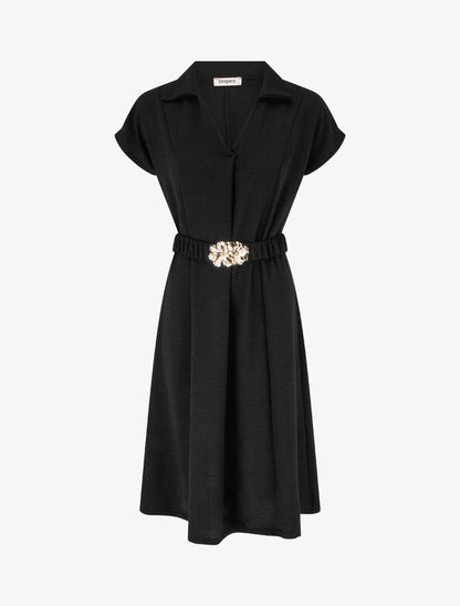 Robe fluide unie ceinturée - Noir - 1