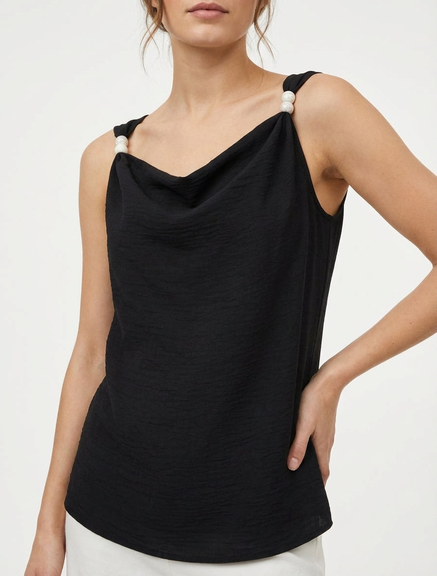 Top sin mangas con apliques de joyas - Negro