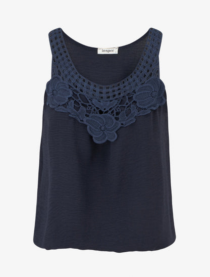 Top sans manches à dentelle et crochet - Marine - 1
