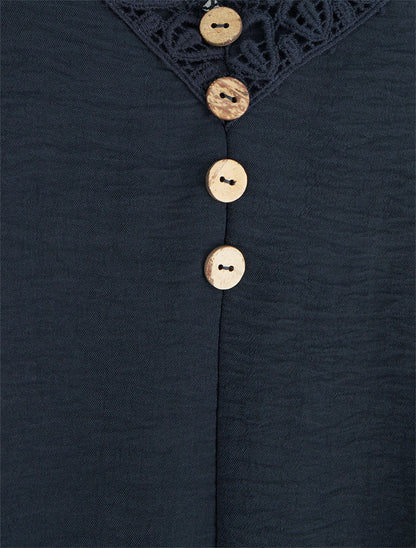 Caraco à boutons décoratifs et broderie - Bleu nuit - 3