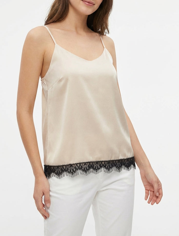 Camisón satinado con borde de encaje - Beis