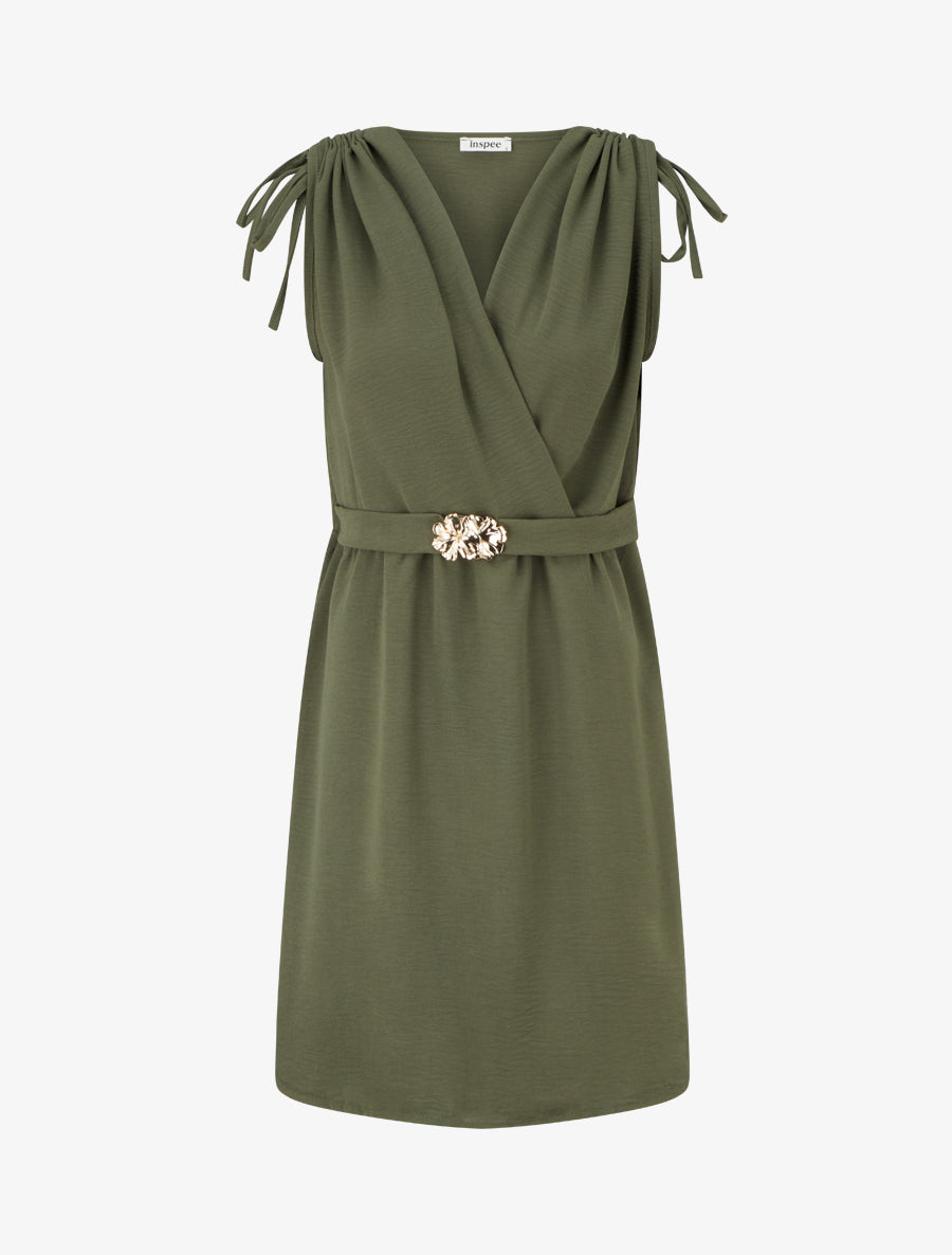 Robe unie à empiècement bijou à la taille - Kaki - 1