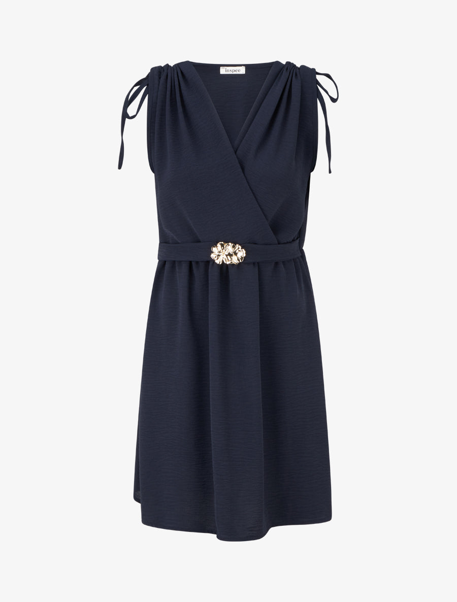 Robe unie à empiècement bijou à la taille - Marine - 1