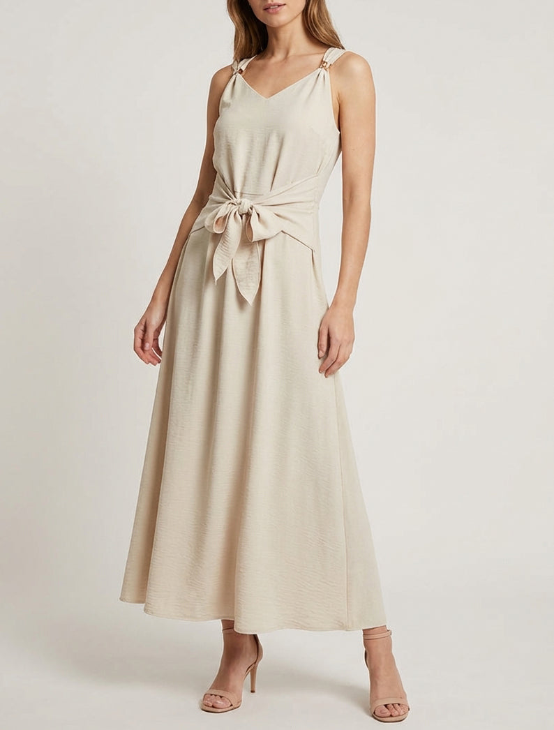 Vestido largo con paneles para atar - Beis