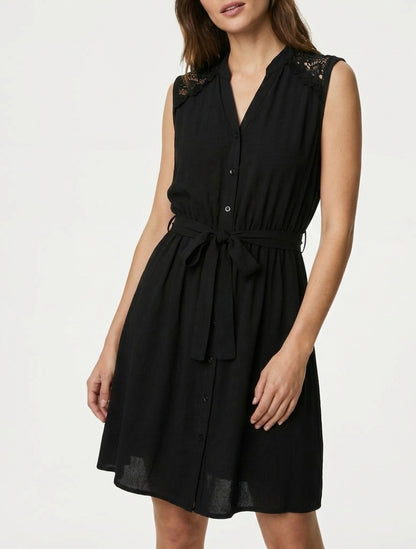Vestido midi abotonado sin mangas - Negro
