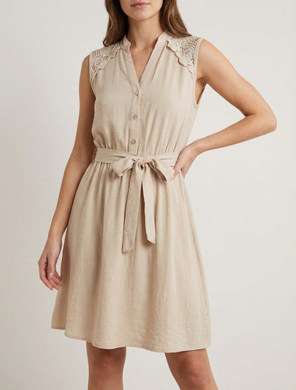 Vestido midi abotonado sin mangas - Beis