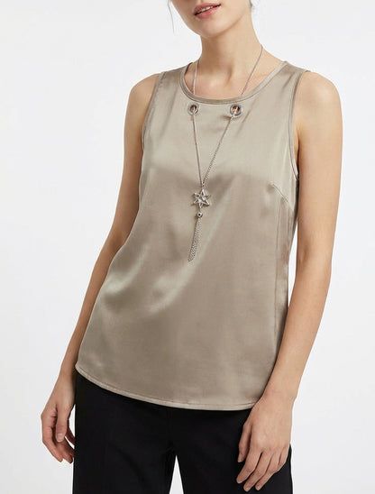 Top satinado sin mangas con cuello de joya - Topo