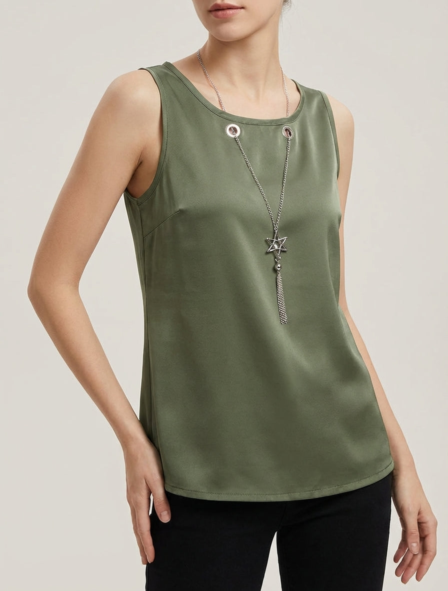 Top satinado sin mangas con cuello de joya - Caqui