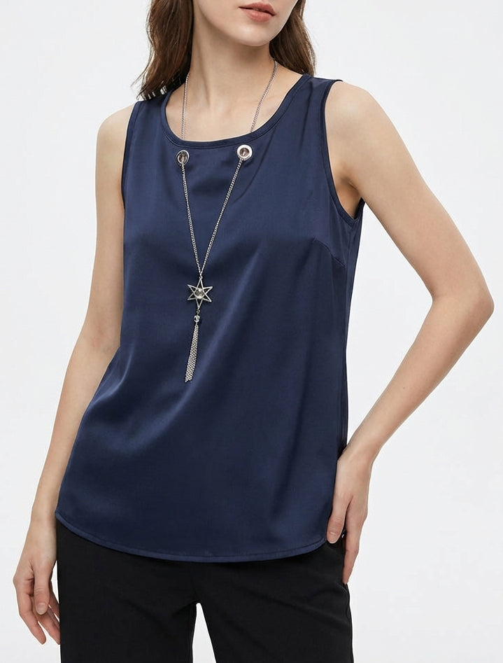Top satinado sin mangas con cuello de joya - Marine
