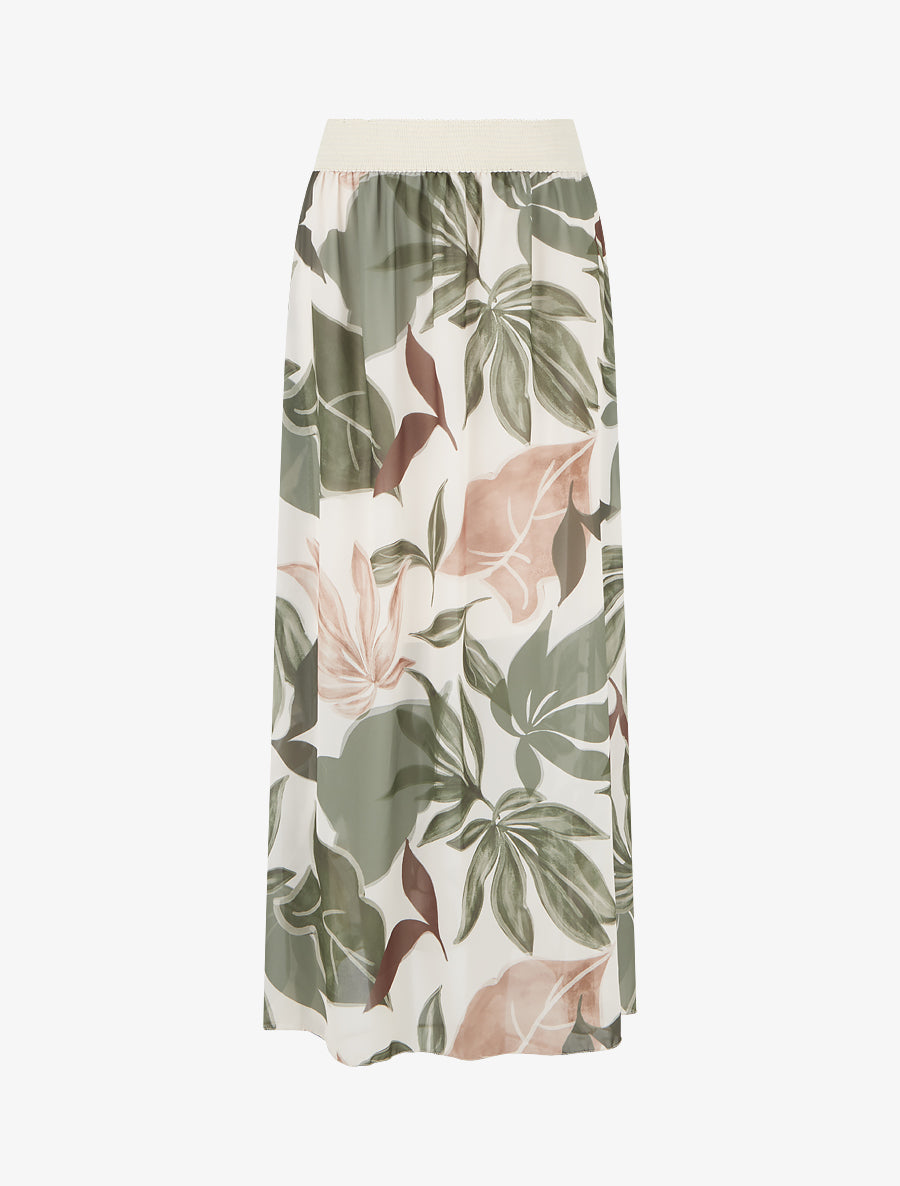 Jupe élastiquée à imprimé grandes feuilles - Kaki - 1