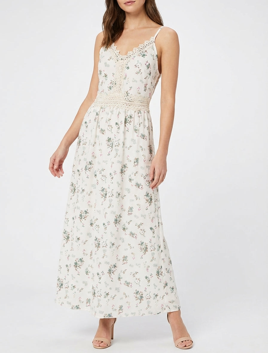 Vestido largo estampado de pequeñas flores con detalle de crochet - Caqui