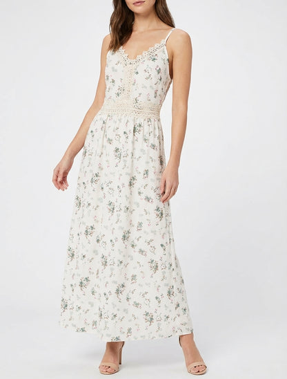 Vestido largo estampado de pequeñas flores con detalle de crochet - Caqui