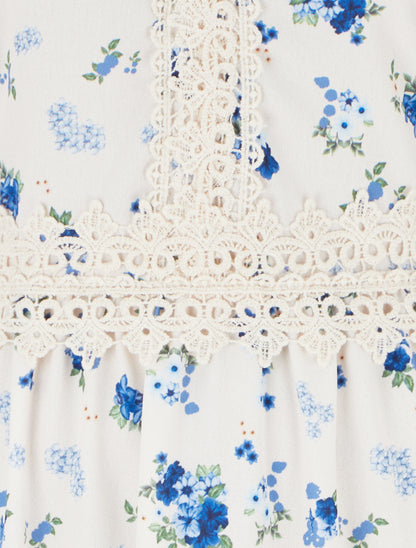 Robe longue imprimé petites fleurs à détail crochet - Bleu - 3