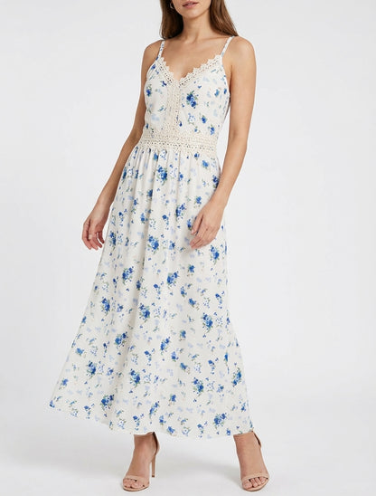Vestido largo estampado de pequeñas flores con detalle de crochet - Azul