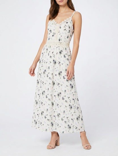 Vestido largo estampado de pequeñas flores con detalle de crochet - Negro