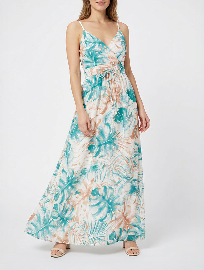 Vestido largo con espalda elástica estampado de follaje. - Turquesa