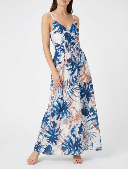 Vestido largo con espalda elástica estampado de follaje. - Marine