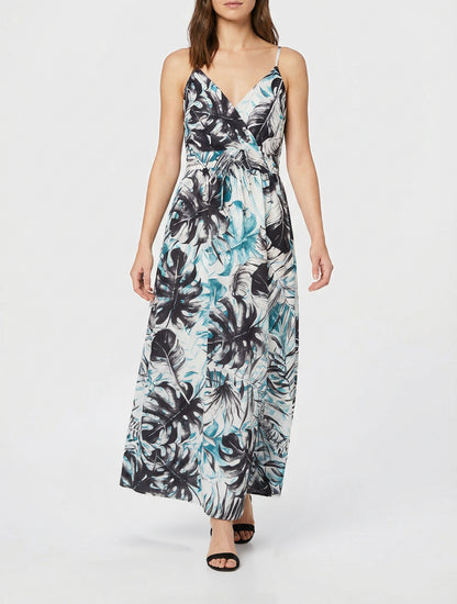 Vestido largo con espalda elástica estampado de follaje. - Negro