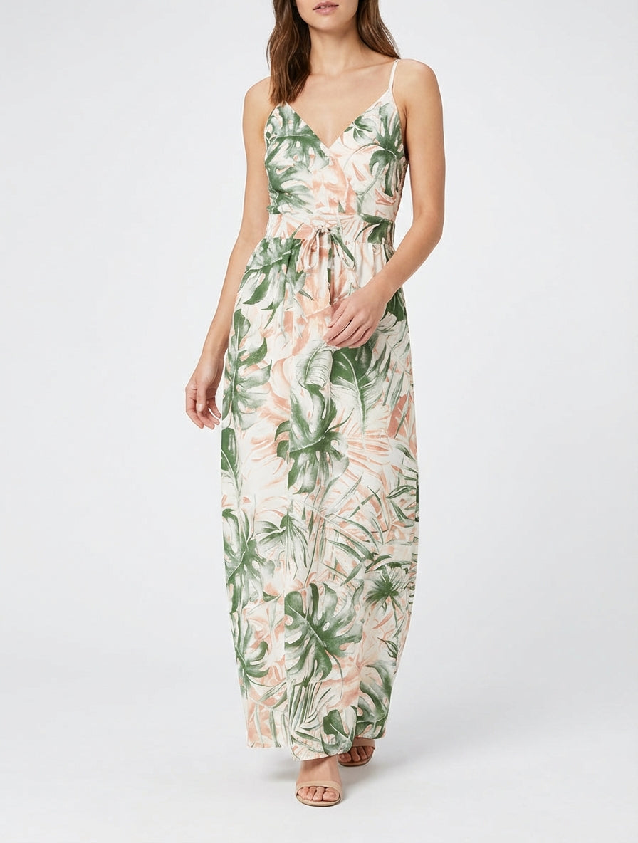 Vestido largo con espalda elástica estampado de follaje. - Caqui