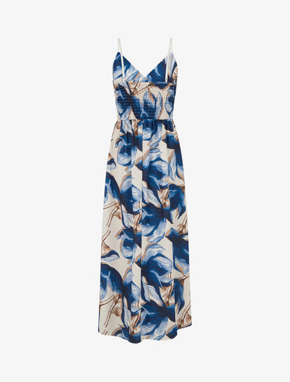 Robe longue à dos élastiqué imprimé fleuri - Marine - 2