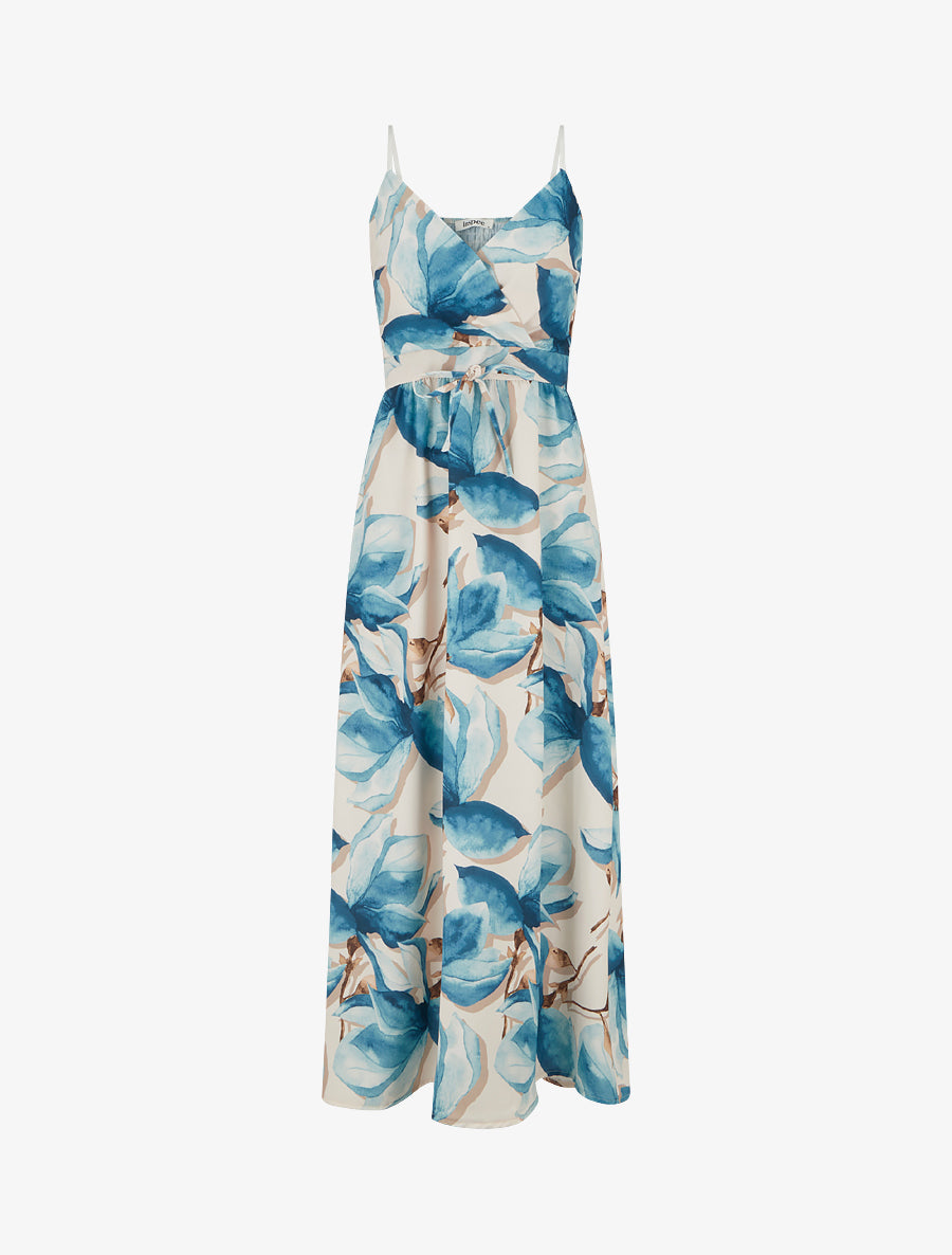 Robe longue à dos élastiqué imprimé fleuri - Bleu canard - 1