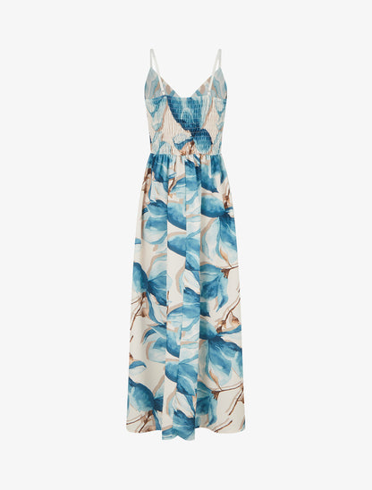 Robe longue à dos élastiqué imprimé fleuri - Bleu canard - 2