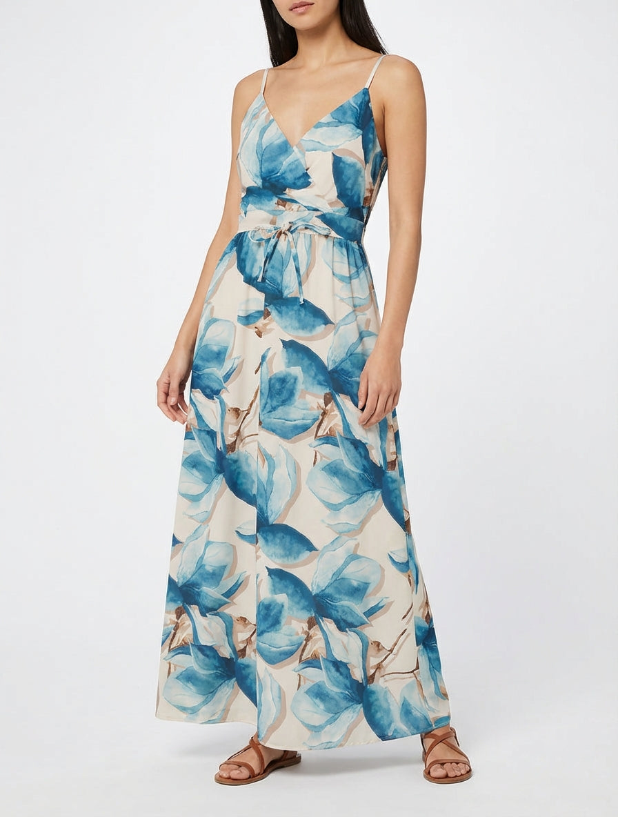 Vestido largo con espalda elástica estampado floral - Azul pato