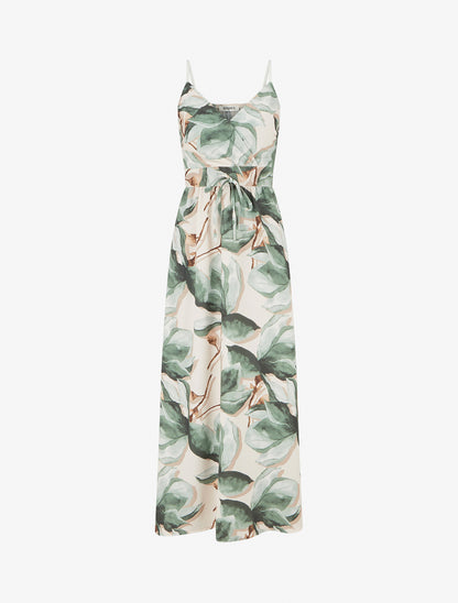Robe longue à dos élastiqué imprimé fleuri - Kaki - 1