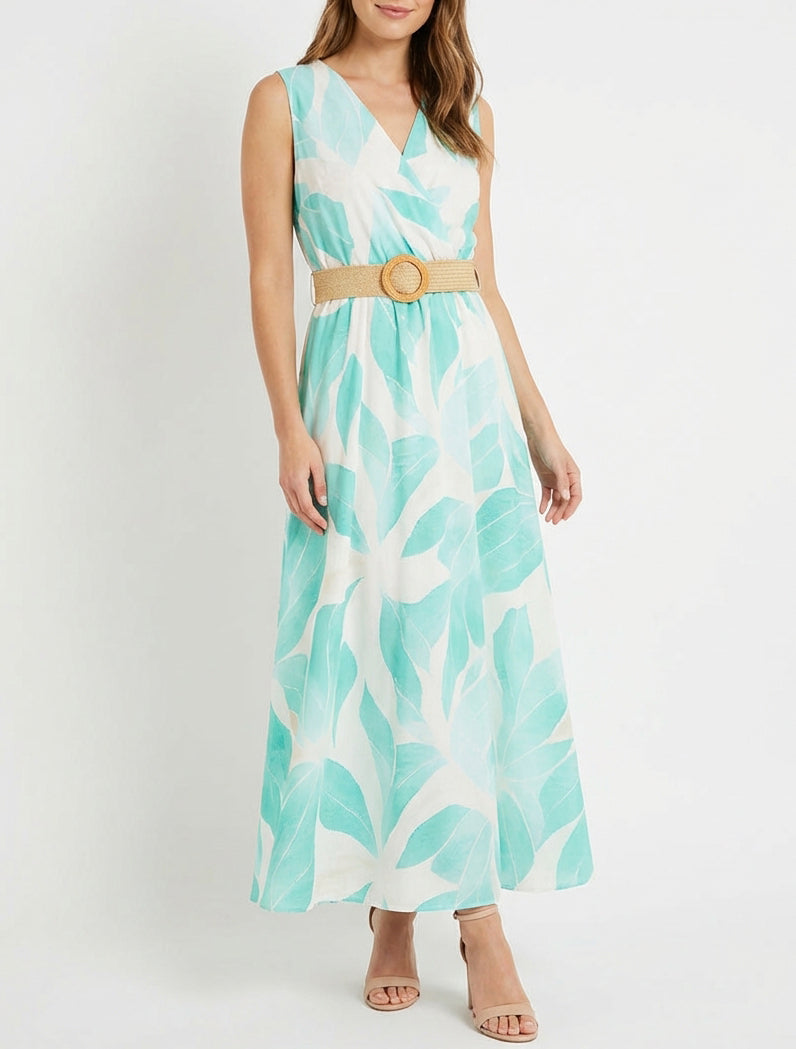 Vestido estampado de hojas con cuello cruzado - Verde menta