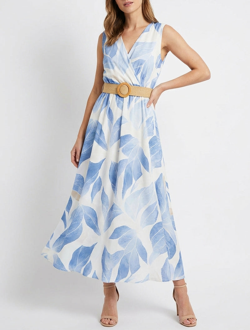Vestido estampado de hojas con cuello cruzado - Azul cielo