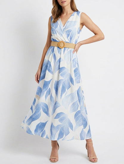 Vestido estampado de hojas con cuello cruzado - Azul cielo