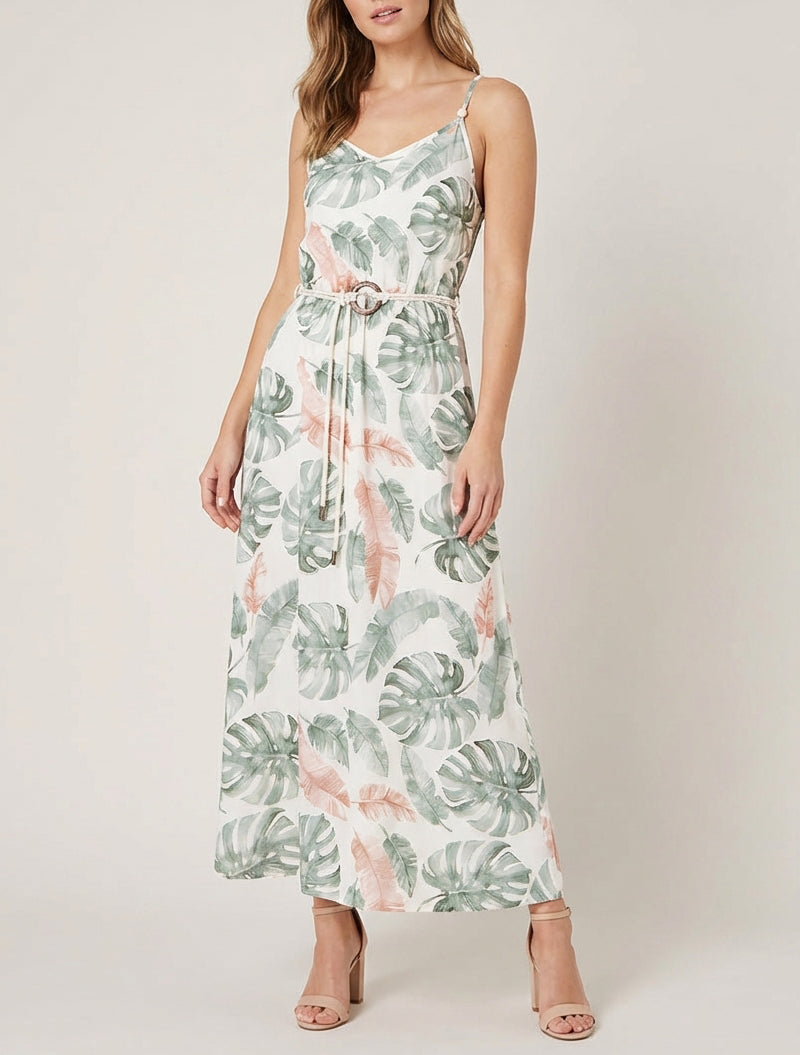 Vestido largo estampado de hojas con cintura elástica - Caqui