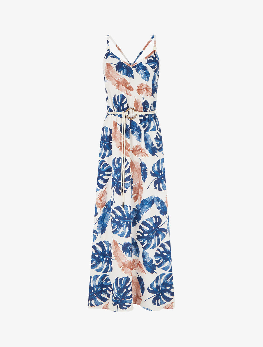 Robe longue imprimé feuillage à taille élastiquée - Marine - 1