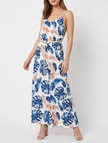 Vestido largo estampado de hojas con cintura elástica - Marine