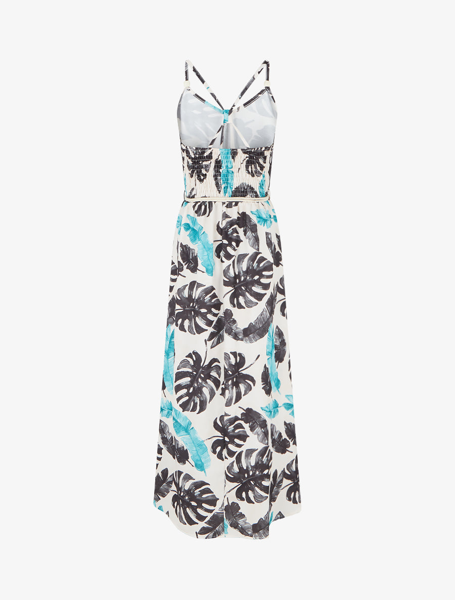 Robe longue imprimé feuillage à taille élastiquée - Noir - 2