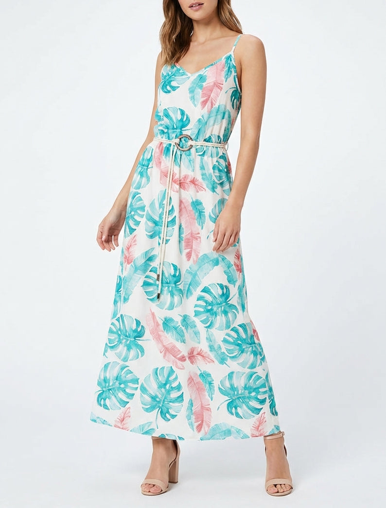 Vestido largo estampado de hojas con cintura elástica - Turquesa