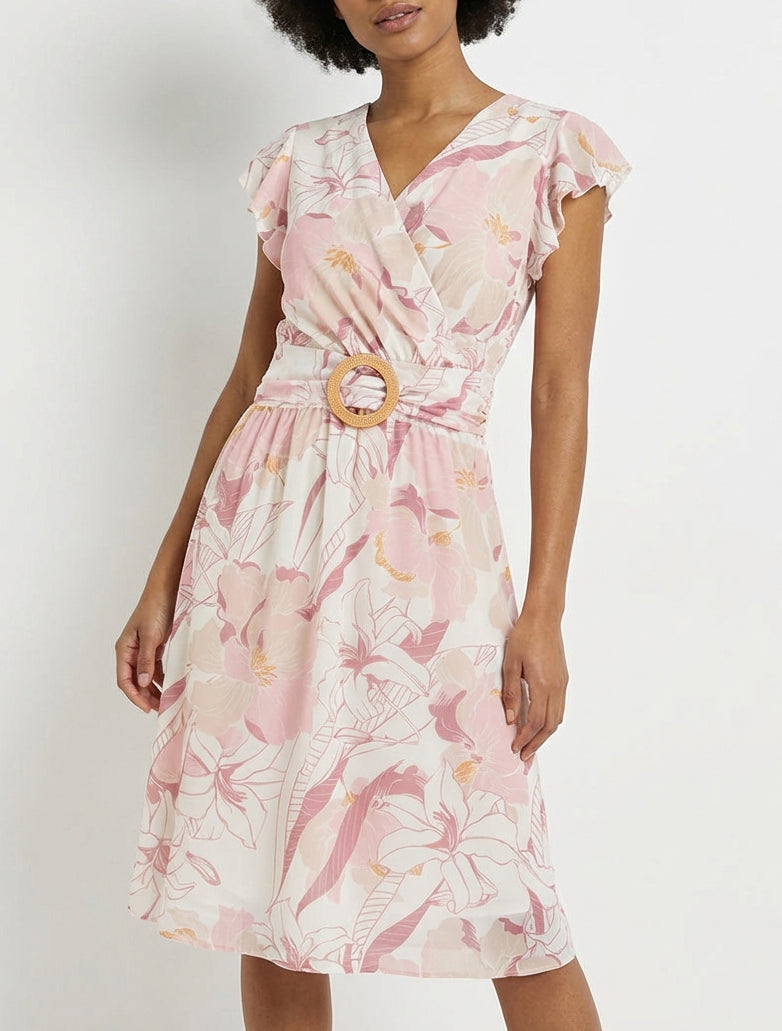 Vestido midi estampado de flores grandes con hebilla - Rosa