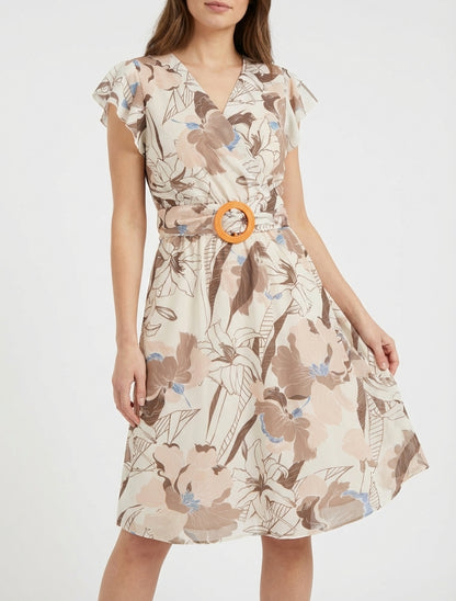 Vestido midi estampado de flores grandes con hebilla - Marrón