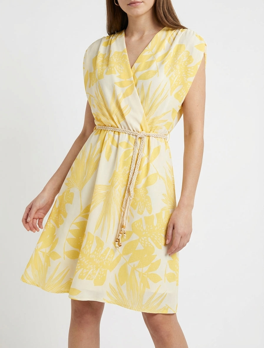 Vestido midi sin mangas de estampado tropical - Amarillo