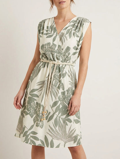 Vestido midi sin mangas de estampado tropical - Caqui