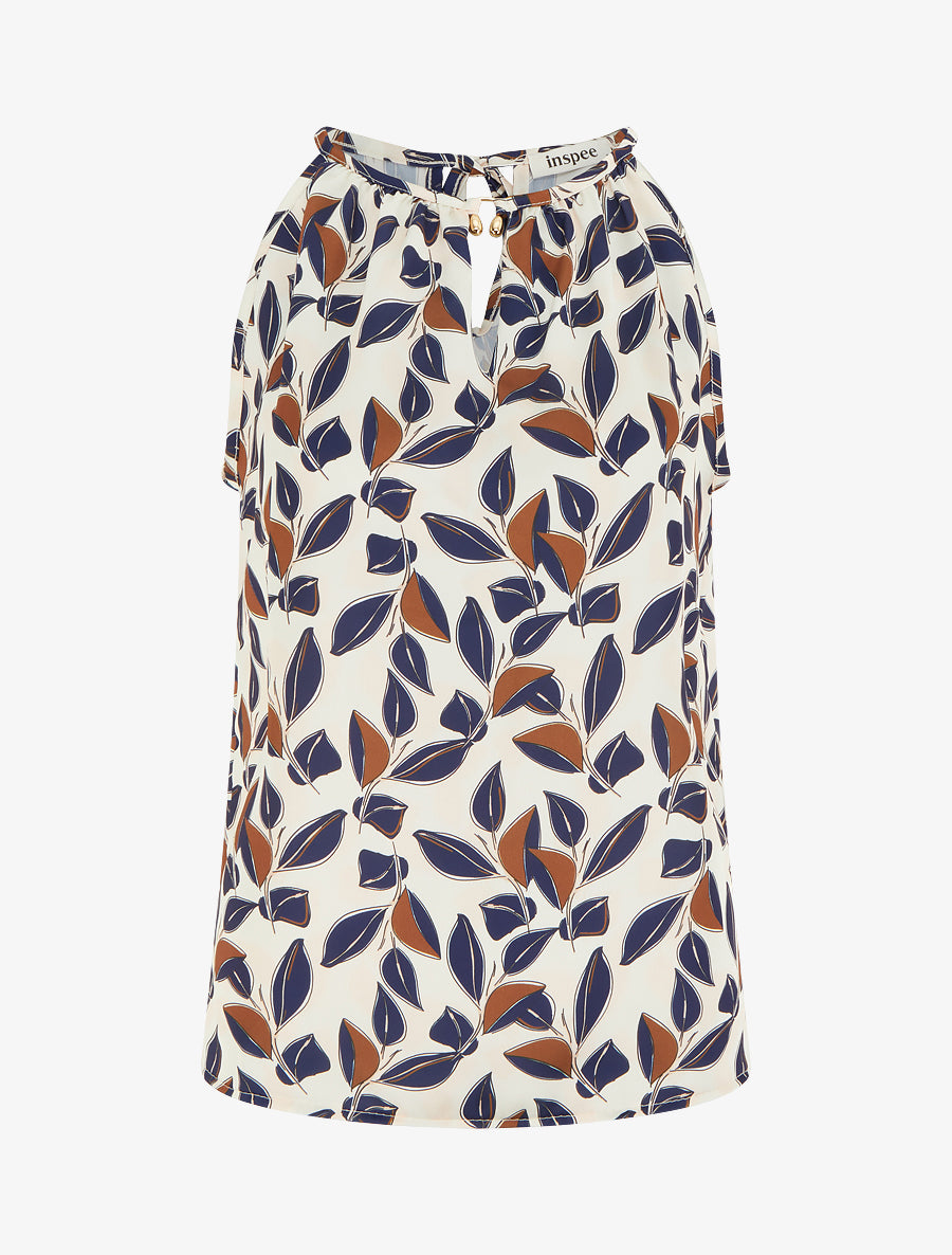 Top satiné sans manches imprimé feuilles - Marine - 1